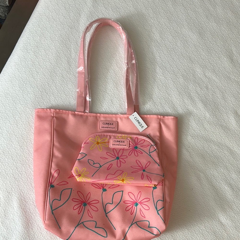 NWT Clinique Pink Canvas Tote Bag AND make up case